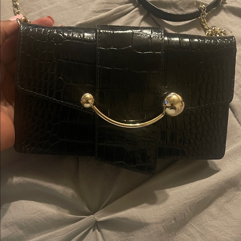 Strathberry Black Croc-Embossed Clutch with Gold Accents